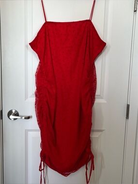 Red Sheer Heart Shaped Polka Dot Spaghetti Strap Mini Dress